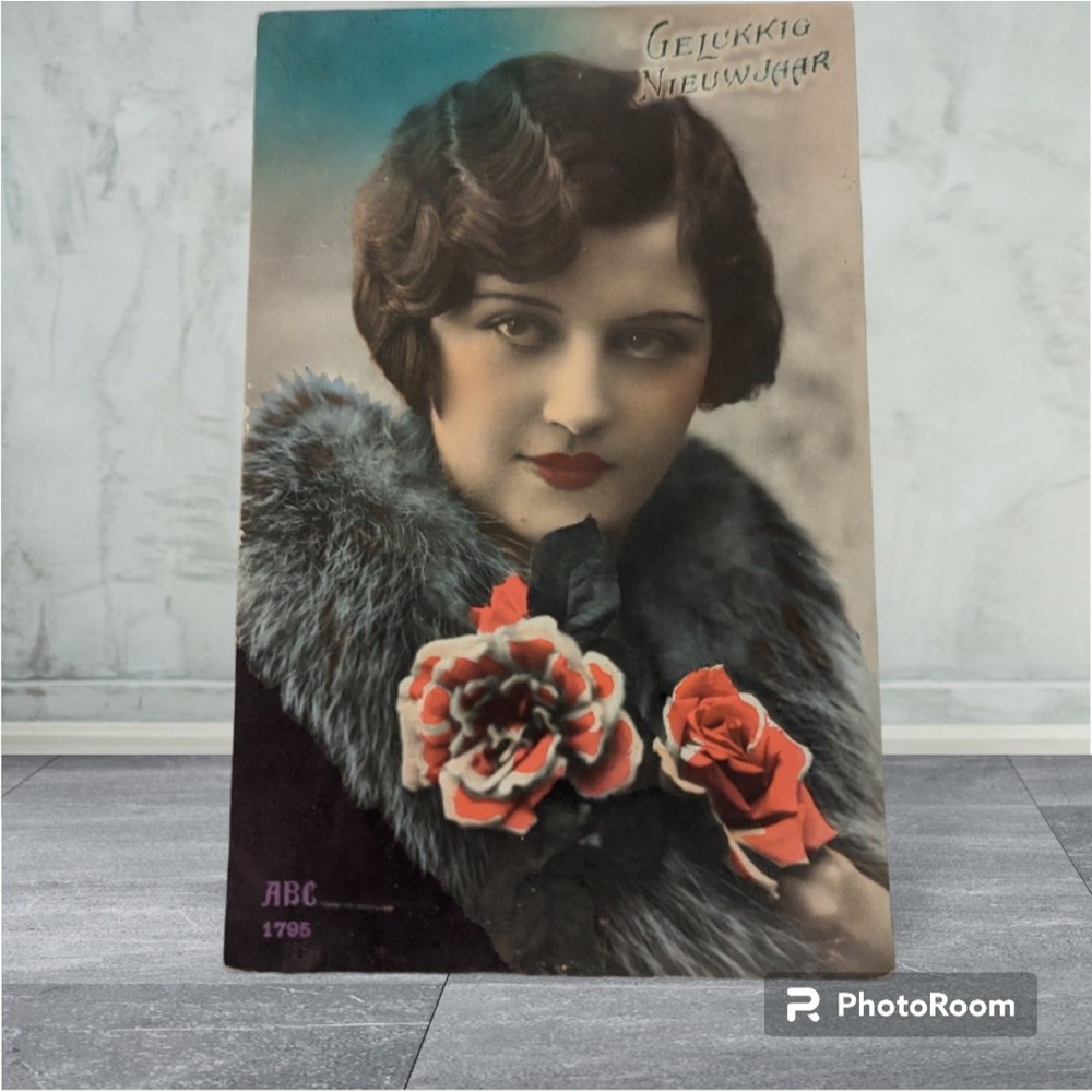 Vintage Postcard Dutch Pretty Young Lady Starlet Happy New Year 1930 RPPC Stamp